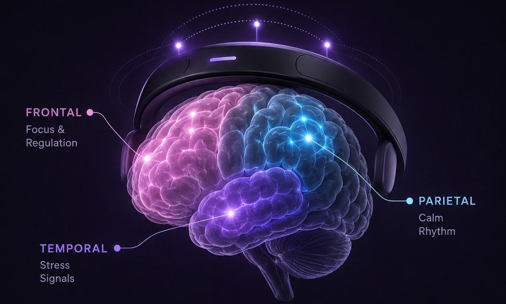 Glowing brain wearing the headband with frontal, temporal, and parietal regions highlighted